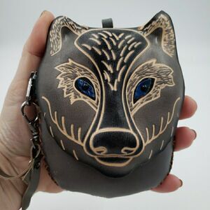 Handmade Leather Gray Wolf Wristlet Wallet Blue Eyes Animal Coin Pouch Cub Scout